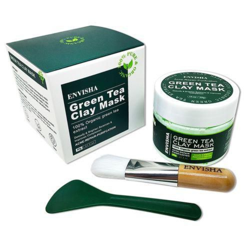 ENVISHA Organic Green Tea Clay Mask with Mini Bamboo Brush 50g